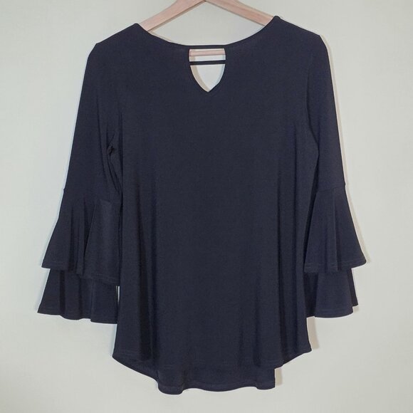 Joseph Ribkoff Top Womens 6 Black V Neck 3/4 Tiered Sleeve High Low Hem Witchy - Picture 15 of 15